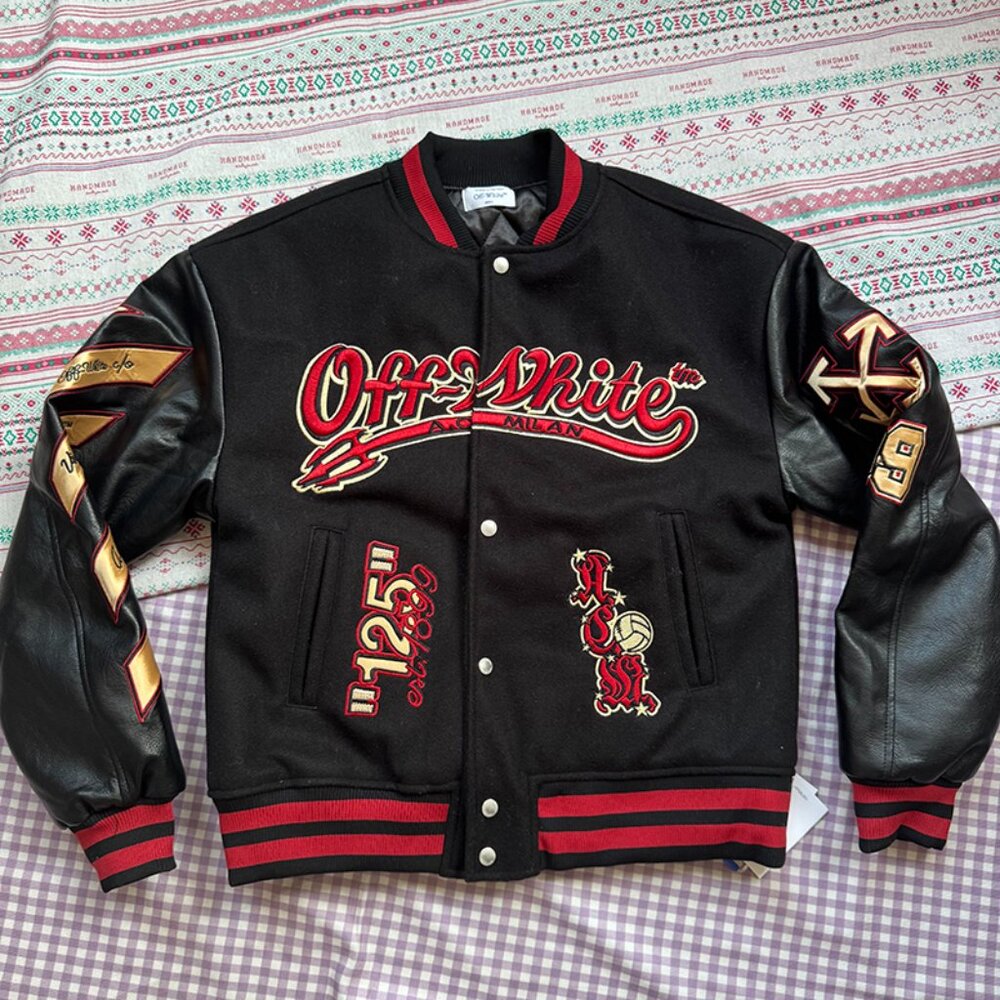 AC Millan X Off White Devil Pattern Letterman Black Varsity Jacket